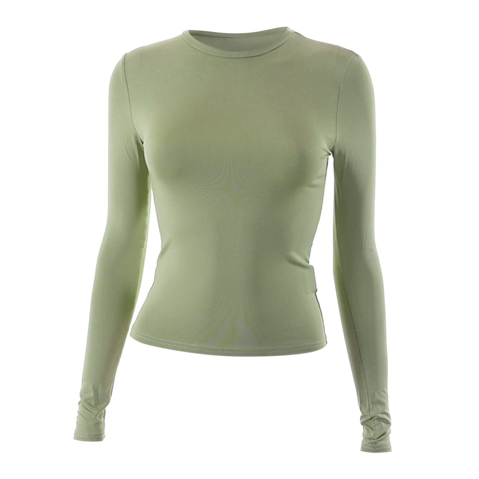 Camiseta básica elegante para mujer, manga larga, cuello redondo, ajustada, recortada, brillante