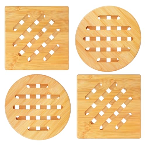 Salvamanteles de 4 piezas de bambú natural, salvamanteles antideslizantes, resistentes al calor, salvamanteles de madera de bambú para ollas de cocina, 15 x 15 cm