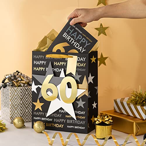 Image of Loveinside Birthday Gift Bag with Tissue Paper and Greeting Card for 60 Birthday - 13 inch x 10 inch x 5 inch, 1 Pcs, Black Gold