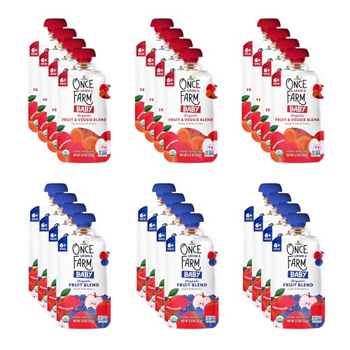 Image of Once Upon a Farm | Organic Baby Blends | Apple Sweet Potato, Apple Blueberry | Cold-Pressure Protected | Unsweetened | Dairy-Free Plant Based | Variety Pack of 24