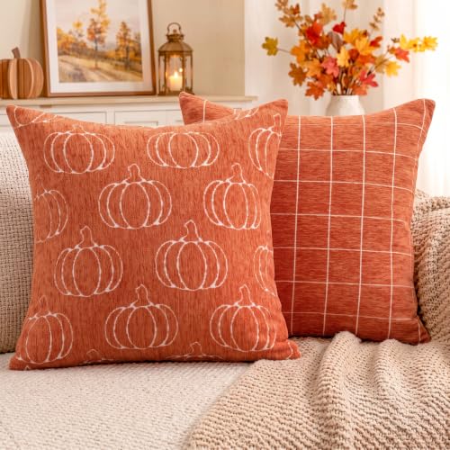Image of Fall Pumpkin Chenille Pillow Covers,Autumn Decor (Orange,20x20) | Double-sided pumpkin and plaid designs, thick chenille texture, hidden zipper, for couch, sofa, bed, farmhouse autumn decor