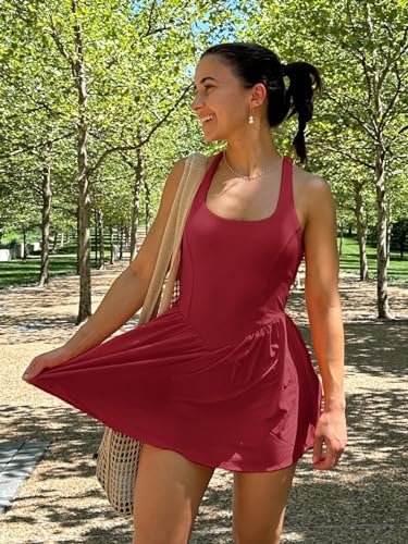 Image of Sexyasasii Women's Summer Athletic Tennis Dress with Built in Shorts and Bra Square Neck Workout Exercise Active Golf Dresses