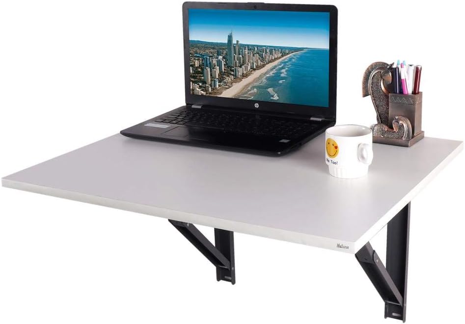 Madhuran Erraa Engineering Wood Folding Wall Mount Study Office Laptop Table Stand Lapdesk (68X56 CM Top, White) / Home Work Desk Multipurpose Reading Foldable Stylish Storage Wooden