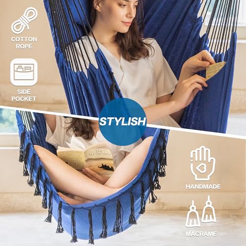 PNAEUT-Hammock-Chair-XXL-Size-Hanging-Chair-Swing-Chair-Max-550-Lbs-Patented-Headrest-2-Cushions-Large-Macrame-with-Pocket-Steel-Spreader-Hardware-Kits-and-Bag-for-Indoor-Outdoor-Navy