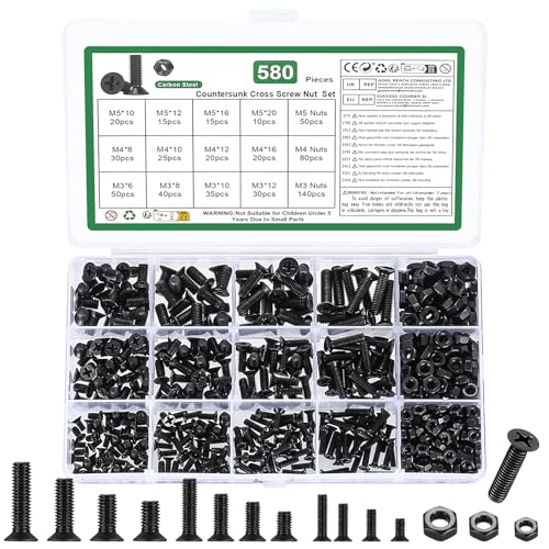 580 Pcs M3 M4 M5 Screws Set, Countersunk Bolts and Nuts, Flat Head Machine Screw Nut and Bolt with Washers, Cross Head screws bolts and nuts Assortment Kit(M3 M4 M5, Black)