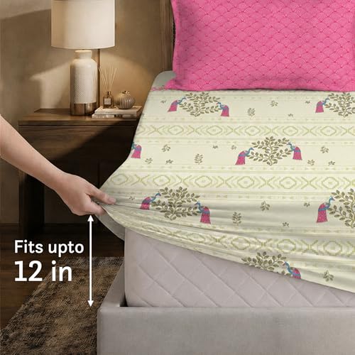Image of MYTRIDENT Soft Comfort Bedsheet for Double Bed King Size | 72 Inches x 78 Inches + 12 Inches | 180 TC, 100% Cotton, Elastic fittedsheet with 2 Pillow Covers | Soft and Breathable - Ritvi