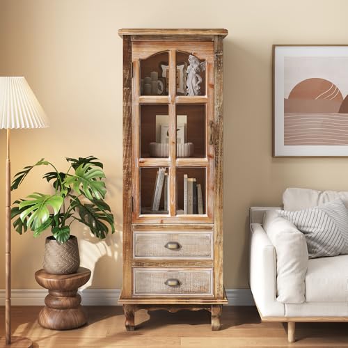 Image of Vintage Tall Wood Storage Cabinet with Glass Door and Drawers - Single Door Display Cabinet for Living Room, Office, or Entryway