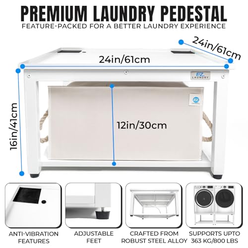 Image of Laundry Pedestal for Washer or Dryer with Drain Pan & Hose - 24 inchW, 16 inchH | Universal Fit 800 lbs Capacity, Steel Material Stand for Back Pain Relief, Keeps Space Clean and Dry, All Brands Supported