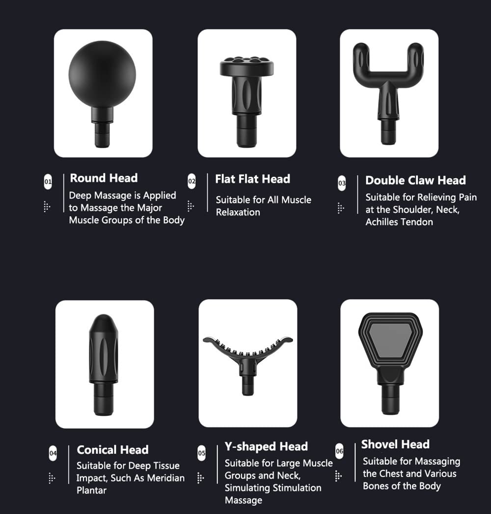 Pistola de masaje pequeña, tejido profundo, 6 velocidades ajustables, 6 cabezales de masaje, masajeador eléctrico portátil de percusión de tejido profundo para aliviar el dolor, pistola masajeadora de