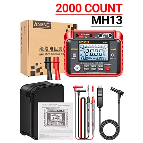 Kknoon Aneng Mh13 250V-2500V Digital Insulation Resistance Tester 1Mω-200Gω Megger Megohm Testing Meter Auto Range 2000 Counts Lcd Display 10V~600V Ac/Dc Voltmeter With 100 Data Storage #TOP3