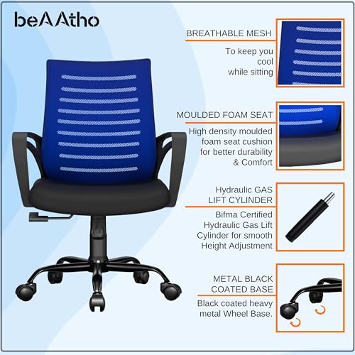 Image of beAAtho Verona Mesh Mid Back Ergonomic Home Office Chair with 3-Years Limited Warranty, Tilting & Height Adjustable Mechanism, Heavy Duty Metal Base Ideal for Office Work & Study (Blue)