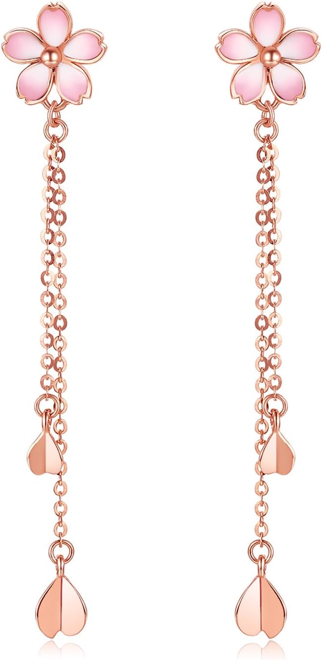 18K Gold Earrings for Women, 750 Rose Gold Dangle Earrings Drop Earrings Flower Cherry Blossom Fine Jewellery with Giftbox