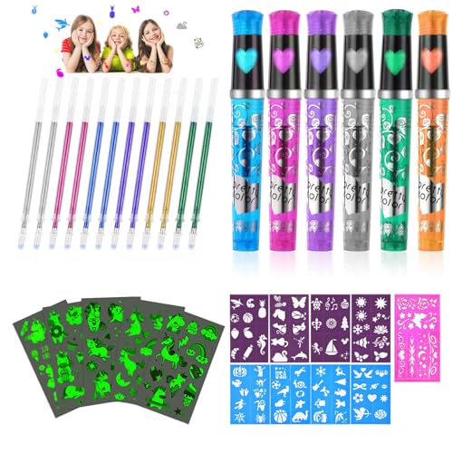 AOMIG Marcadores de tatuagem para crianças, 32 peças kit tatuagens criança para pintar a pele com 6 cores marcadores roxo, 12 recarga de substituição, tatuagens temporárias luminosas e palmilhas,