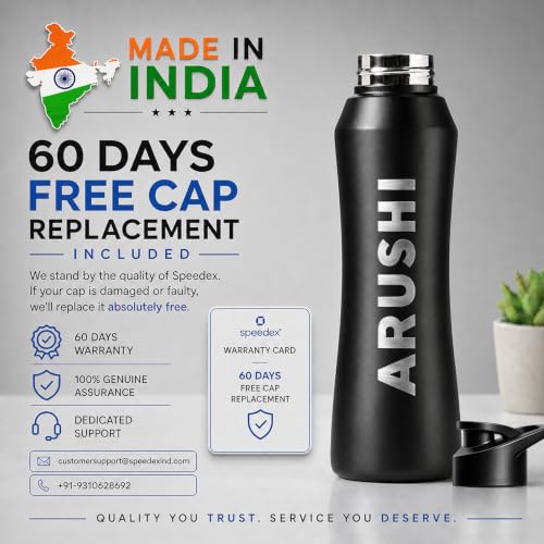 Image of Speedex Customised Engraved Name Stainless Steel Water Bottle 1 Ltr - Personalised Sipper Cap Bottle for Kids, Men & Women, School, Gym, Travel, Black, BIS Approved, Set of 1