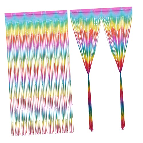 Mikinona 2Pcs Macaron Rainbow Fringe Curtain Tinsel Backdrop for Birthday Party Decorations Photo Booth Streamer Decor Metallic Foil Wall Hanging for Events and Celebrations