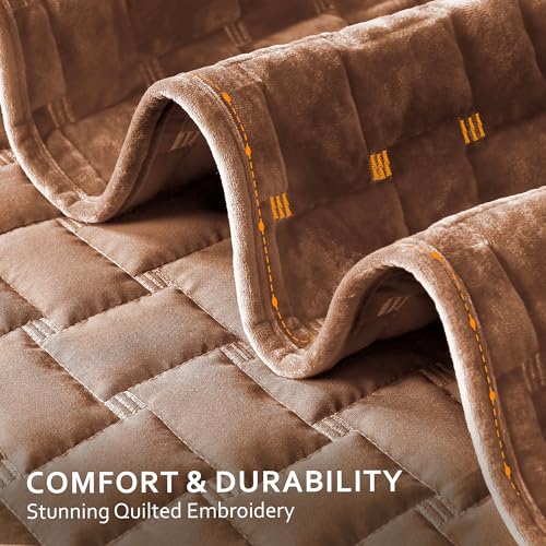 Image of Grassix Velvet Quilt Set Queen Size, Luxury Geometric Design, Burnt Orange | Lightweight Velvet Comforter with 2 Pillow Shams, Ultra Soft Bedspread Coverlet, Quilted Bedding Set for All Seasons, 90 inchx96 inch