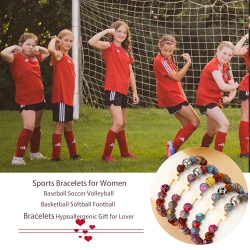 Image of Softball /Soccer /Volleyball /Basketball /Baseball /Football Sports Gifts for Girls Teens Natural Stone Beaded Cross Bracelets Christian Religious Game Day Jewelry Gift