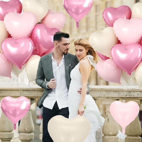Image of Pink Heart Balloons, 10 Pcs Pastel Light Baby Pink White Foil Heart Shaped Balloon, 18 Inch Cream Sand White Balloons Helium for Engagement, Brithday, Baby Shower, Wedding, Valentines Party Decoration