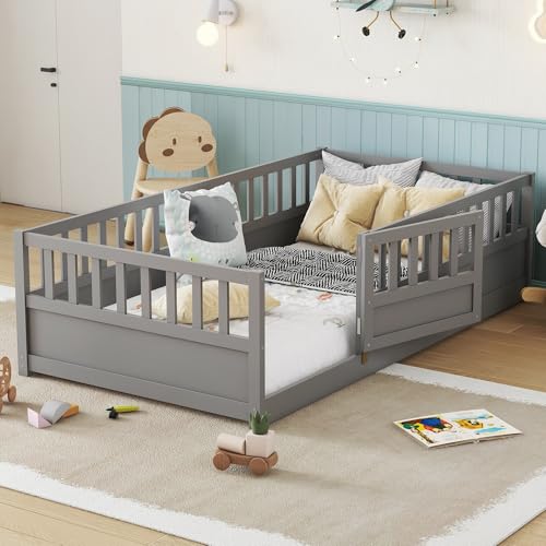 Image of Bellemave Twin Size Kids Montessori Floor Bed with Slats,Solid Wood Floor Bed Frame with High Fence and Door for Kids,Girls,Boys,Twin,Gray