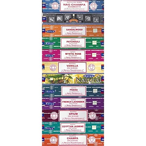 Conjunto de 12 inciensos Nag Champa, Super Hit, sándalo, pachuli, rosa mística, vainilla, Prana, Natural, lavanda, Opio, jazmín egipcio, Champa por Satya Cover