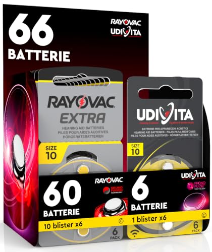 66 Batterie per Apparecchi Acustici Misura 10 PR70 Gialle Zinco-Aria Phono Pulse Technology in 11 Blister da 6 Pile - 66 Batterie: 60 Rayovac + 6 Udivita