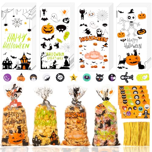 GOMANCHE Halloween Cellophane Treat Bags, 100 pcs Clear Candy Goodie Bags with 100pcs Twists Ties, 4 Styles Trick or Treat Bags with Gift Tag for Kids Holiday Party Supplies