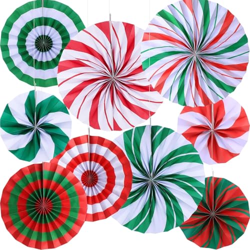 Image of Christmas Hanging Honeycomb Round Colorful Candy Paper Fans Decoration Winter Theme Tissue Paper Fan Garland for Shower Birthday Graduation Wedding Party Supplies 9 Count