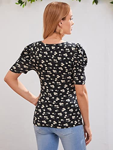 Verdusa Women's Maternity Nursing Top Floral Print V Neck Puff Sleeve Tee T Shirt Black L #TOP1
