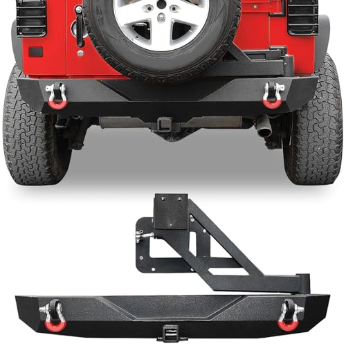 YITAMOTOR Rear Bumper with Tire Carrier Compatible with 2007-2018 Jeep Wrangler JK & Unlimited JKU Off Road Rock Crawler Full Width Black Bumper w/2 Hitch Receiver & D-Rings