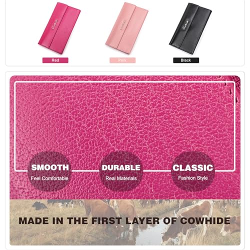 Women's Genuine Leather Large Capacity Wallet with RFID Blocking and Zipper Pocket Pink (Black)3