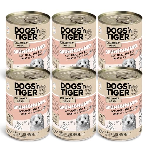 Dogs’n Tiger Junior, Hundefutter, Grünschnabel, Hundenassfutter für Welpen mit Huhn, Reis und Gemüse, ohne Getreide, Zuckerzusatz, künstliche Konservierungsstoffe, 6X 400g