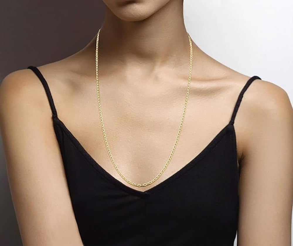 18K Gold Plated 3mm, 6mm, 7mm Flat Mariner Link Chain Necklace for Men Women - Image 4