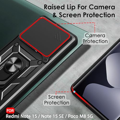Image of TheGiftKart Tough Armor Bumper Back Cover Case for Mi Redmi Note 15 / Note 15 SE /Poco M8 5G | Rotating Camera Cover, Kickstand & Ring Holder | 360 Degree Protection Back Cover Case (PC & TPU, Black)