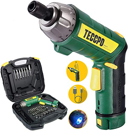 Cordless Screwdriver, 45Pcs 6Nm TECCPO Electric Screwdriver, 4V 2000mAh Li-ion, 9+1 Torque Gears, Self-lock Chuck, 2 LED Lights, Adjustable 2 Position - TDSC01P