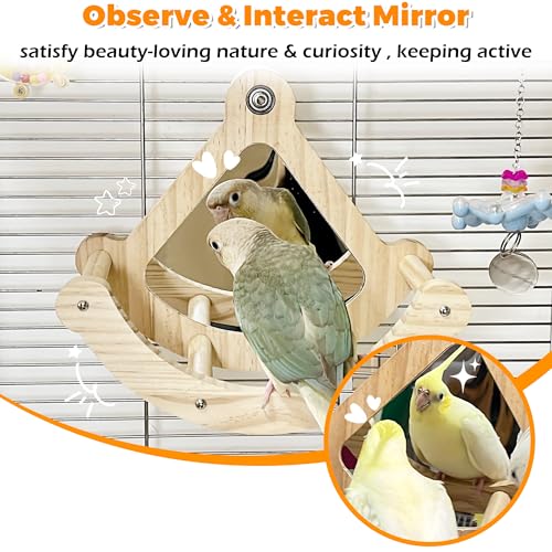 Image of Rocking Bird Perch Toy with Mirror for Cage, Enrichment Parakeet Toys | Wood Exercise Wheel Cockatiel Toys, Birds Enrichment Toy for Parrot, Interactive Cage Accessories Perch for Budgie Conure