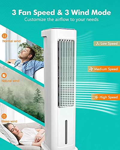 Evaporative Air Cooler, Portable Tower Fan and Humidifier, 1.3 Gal Water Tank, 3 Wind Speeds & 3 Modes, 50° Oscillation, 12H Timer, Remote Control, Sunday Living Quiet Swamp Cooler, 2 Ice Packs
