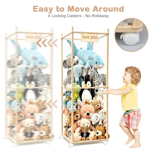 Image of Stuffed Animal Storage, Wood Stuffed Animal Zoo Storage with Brake Wheels, Space Save Toy Organizer, Large Capacity Stuffed Animal Holder, Perfect for Nursery Playroom Kidroom Bedroom-62.6 Inch
