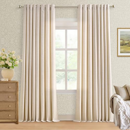 Image of 90 Inch Length 2 Panels Oatmeal Beige Linen Sheer Curtains 52x90 | Light Filtering, Semi Sheer, Grommet Drapes, Thick Linen, Privacy, Boho, Farmhouse, Window Curtain, for Bedroom