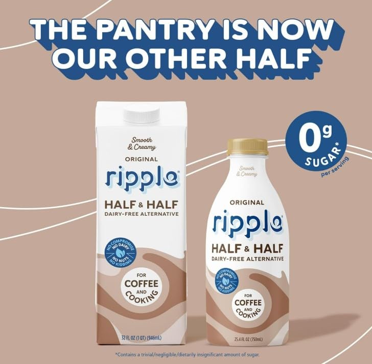 Image of Ripple Half & Half Plant Based Milk | Smooth & Creamy | Sugar Free, Allergen Free | Shelf Stable | Vegan, Non GMO Certified | Dairy, Soy, Nut, Gluten, & Lactose Free | 32 Fl Oz Cartons (Pack of 3)