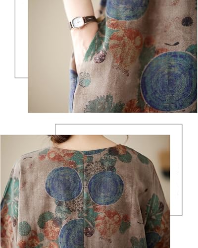 Image of LUZU JUNU Women's Summer Baggy Plus Size Loose Cotton Linen Long Boho Beach Dress with Pockets