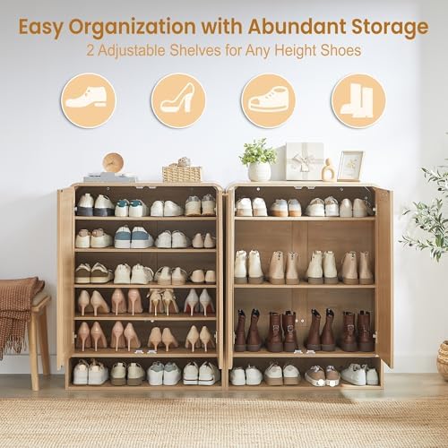 Rattan Shoe Cabinet with Doors - 6-Tier Wooden Shoe Organizer Rack, Adjustable Shelves for Stylish Storage, Modern Entryway Furniture, Space-Saving Design