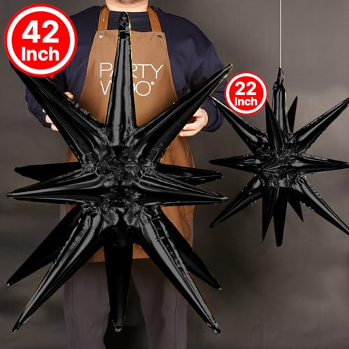Image of PartyWoo Black Star Spike Balloons 2pcs Explosion Foil Mylar Balloons | 42 Inch for Graduation Birthday Engagement Wedding Anniversary Bridal Shower Bachelorette Retirement Party Decorations