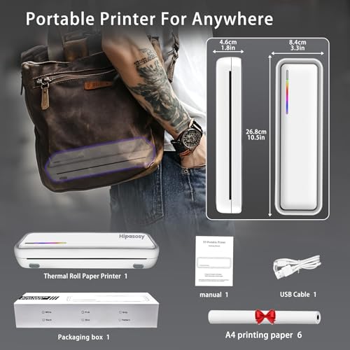 Image of Portable Thermal Wireless Printers for Home Use, Inkless-Bluetooth-Printer Support for A4 Size Thermal Paper Compatible with iOS, Android & Laptop for Tattoo,Travel,Office,White