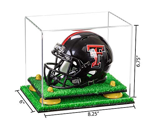 Better Display Cases Clear Acrylic Mini - Miniature Football Helmet (not Full Size) Display Case with Yellow Risers and Turf Base (V45)