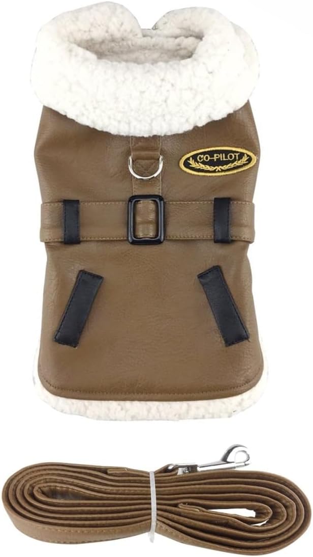 Doggie Design DD-56690-2XL Faux Leather Bomber Dog Coat Harness & Leash Brown & Black - 2XL