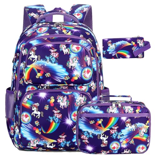 Octsky School Backpack for Girls, Kids Unicorn Bookbag with Lunch Box, Purple