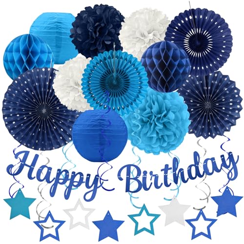 Marineblaue Geburtstagsparty-Dekorationen - 29 Stück Blaue Party-Dekorationen für Männer und Jungen, Glückwunsch-Banner, Papierstreifen, Laternen und Papier-Pompons - ZERODECO