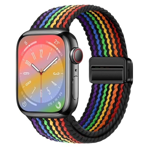 RockCheems band Compatible With Apple Watch Band,2022 Black Rainbow(Black-BKL) strap(42/44/45/49mm),Adjustable Braided Solo Loop Band,Magnetic Buckle Band,Elastic Sport Band,iWatch Band for women 41mm 40mm 38mm 42mm 44mm 45mm 49mm