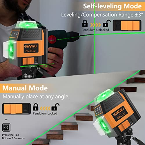 Ommo Laser Level, 12 Lines Green Laser Level Self Leveling Tool, 150Ft Mini Laser Level Beam Tool With Two 360° Vertical And One 360° Horizontal Lines, Magnetic Stand And Usb Cable Included #TOP1