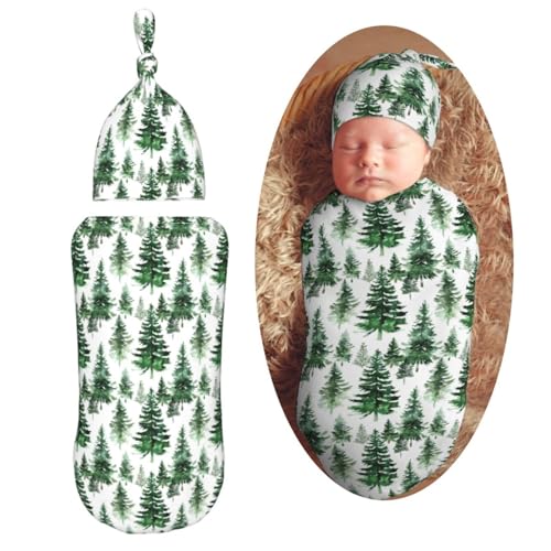Image of Green Watercolor Tree Newborn Swaddle Blanket with Beanie Hat Set Baby Receiving Blankets Soft Swaddle Swaddle Blankets for Baby Boys and Girls